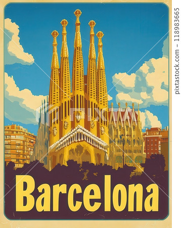 This vintage travel poster highlights the breathtaking Sagrada Familia, showcasing its towering spires against a bright sky, inviting travelers to explore Barcelonas rich culture and history. 118983665
