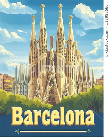 This vintage travel poster captures the iconic Sagrada Fam?lia, a masterpiece of architecture in Barcelona, inviting visitors to explore the citys unique heritage and artistic beauty. 118983666