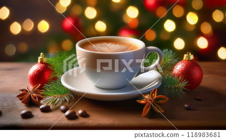 Cup of hot coffee on Christmas background. Concept of holiday and happy New Year atmosphere 118983681
