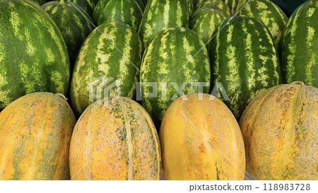 Ripe watermelons and melons on a counter at the market, close-up Ripe watermelons and melons on a counter at the market, close-up 118983728