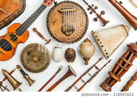 Various traditional musical instruments on a white background, background musical 118983822