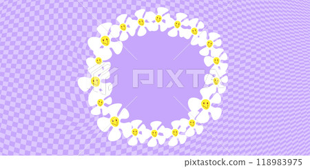 Groovy daisy round frame on purple checkered background. Stock vector illustration in cartoon style. 118983975