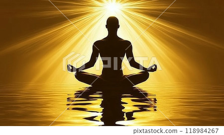 Silhouette of a person meditating over water with golden light rays Silhouette of a person meditating over water with golden light rays 118984267