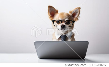 一台筆記型電腦、一隻狗、一隻戴著領帶、戴著眼鏡的吉娃娃狗。 一台筆記型電腦、一隻狗、一隻戴著領帶、戴著眼鏡的吉娃娃狗。 118984697
