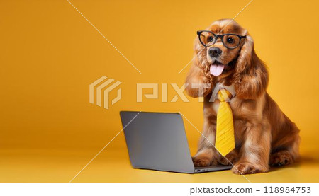 A laptop and a dog, an American Cocker Spaniel wearing a tie and glasses. 118984753