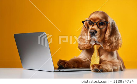 A laptop and a dog, an American Cocker Spaniel wearing a tie and glasses. 118984754