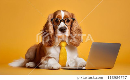 A laptop and a dog, an American Cocker Spaniel wearing a tie and glasses. 118984757