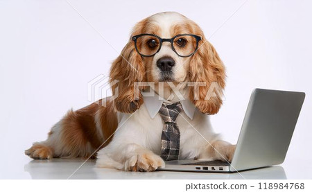 A laptop and a dog, an American Cocker Spaniel wearing a tie and glasses. 118984768
