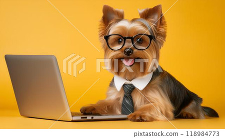 A laptop and a dog, a Yorkshire terrier wearing a tie and glasses. 118984773