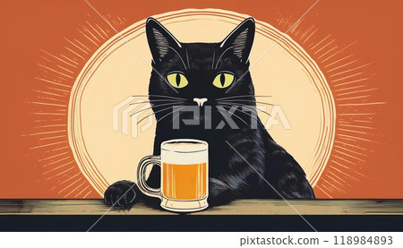 Retro vintage style illustration of a black cat and beer 118984893