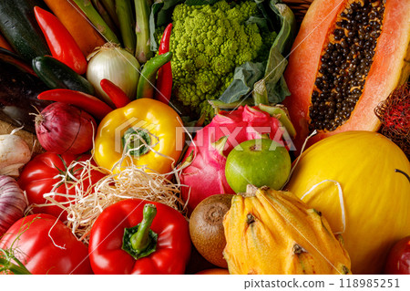 A Rich and Abundant Collection of Fresh Vegetables Nestled Together with Fresh Fruits A Rich and Abundant Collection of Fresh Vegetables Nestled Together with Fresh Fruits 118985251
