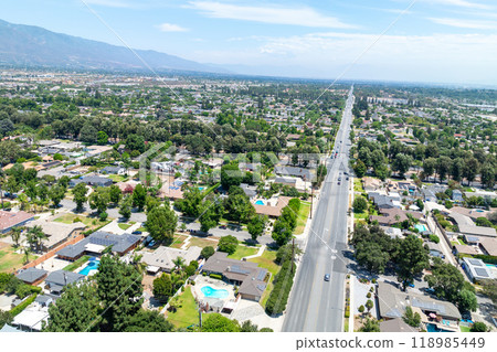 Aerial view of Upland city in San Bernardino County, California 118985449