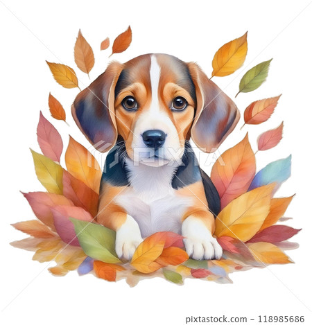 比格幼犬埋在落葉中 4 / 傳單和海報材料 118985686