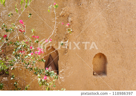 A stylish wall in the garden of a desert hotel 118986397