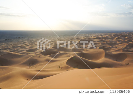 A vast desert landscape bathed in the setting sun A vast desert landscape bathed in the setting sun 118986406