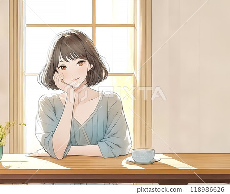 一位年輕女子在房間裡休息，托著下巴的圖片素材 118986626