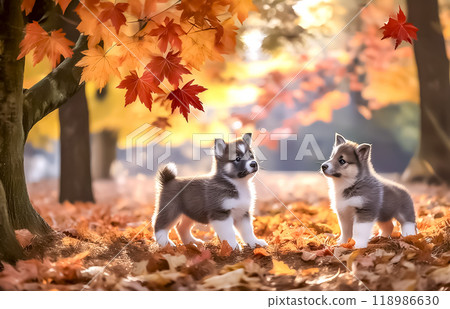 Image of a puppy walking through autumn leaves 118986630