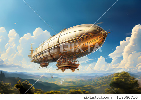 Illustration of a metal airship 118986716
