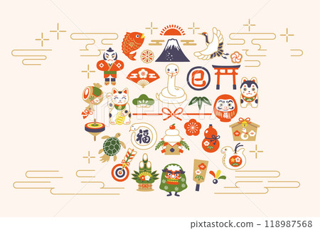 2025 年蛇年和幸運符新年賀卡模板(向量插圖) 2025 年蛇年和幸運符新年賀卡模板(向量插圖) 118987568