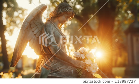 A serene angel statue gently holds flowers during sunset in a tranquil garden setting filled with soft golden light 118987727