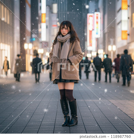 冬天晚上，一個戴著圍巾的女人在城市裡行走 118987760