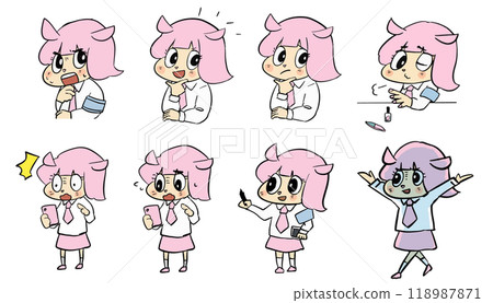 Cute pink mascot character with expressive faces, hand-drawn illustration 118987871