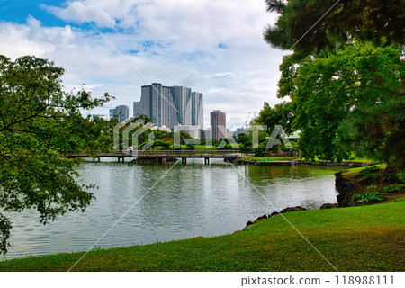 A view of the high-rise tower apartments of Kachidoki and Tsukishima from Hama-rikyu Gardens 118988111