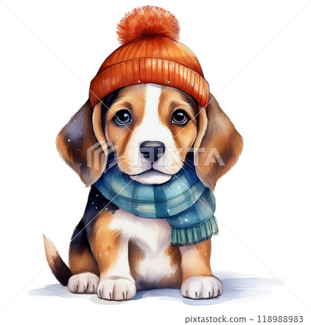 Watercolor illustration of a beagle wearing a woolen hat and scarf 3 / Material for flyers and posters 118988983