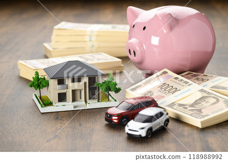 Miniature house and car and piggy bank (new banknote version) 118988992