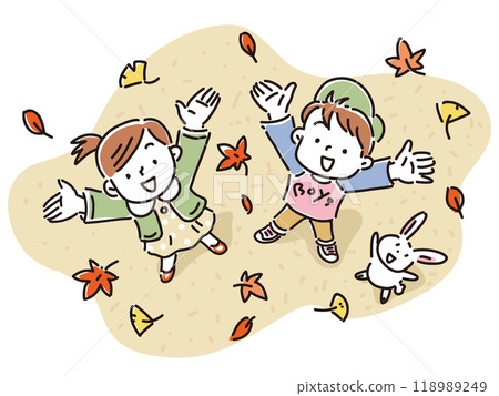 孩子們和兔子高興地從下面抬頭看著落葉 孩子們和兔子高興地從下面抬頭看著落葉 118989249