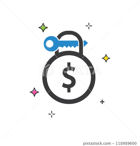 Lock with dollar sign and blue key inside Lock with dollar sign and blue key inside 118989600
