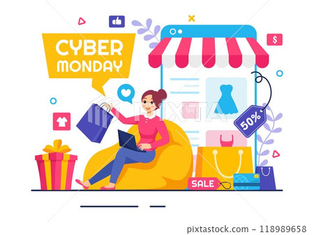 Cyber Monday Event Vector Illustration with Super Sale and Big Discount Purchases Goods in Paper Bags for Promotions in a Flat Style Cartoon Background Cyber Monday Event Vector Illustration with Super Sale and Big Discount Purchases Goods in Paper Bags for Promotions in a Flat Style Cartoon Background 118989658