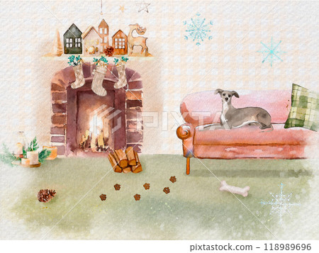 Winter interior with dog relaxing in front of fireplace 118989696
