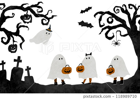 Illustration of Halloween images with children dressed as ghosts 118989710