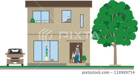 Illustration of a landscape with a house exterior, a parent-child family, and a private car 118989754