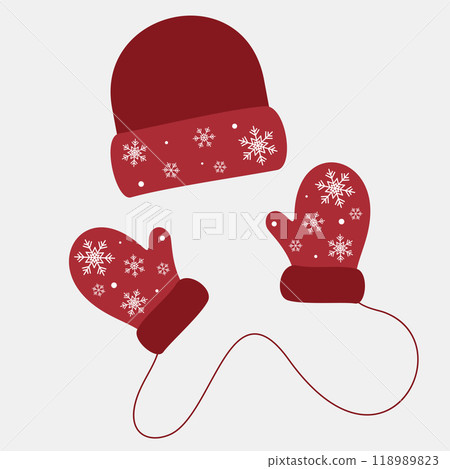 Santa Claus Red hat and mittens with snowflakes pattern. Warm accessory for winter. Decorative element for Christmas design. Flat vector illustration. 118989823