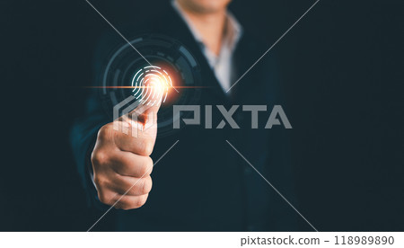 Businessman thumbs up with virtual fingerprint to scan biometric identity and access password fingerprints for technology security and privacy system to prevent hacker on Internet concept 118989890