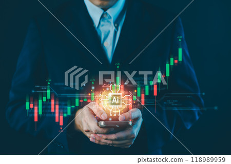 Stock market trading with AI Artificial Intelligence technology concept, Digital technology strategy for business growth, Financial investment stock market by AI. Virtual assistant on internet. Stock market trading with AI Artificial Intelligence technology concept, Digital technology strategy for business growth, Financial investment stock market by AI. Virtual assistant on internet. 118989959