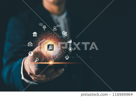 Ai technology concept, Artificial Intelligence. man using technology smart robot AI, Futuristic technology transformation. Chat with AI Ai technology concept, Artificial Intelligence. man using technology smart robot AI, Futuristic technology transformation. Chat with AI 118989964