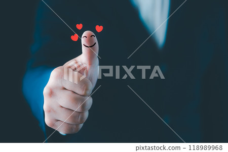 Businessman thumb up showing happy smile face and red heart emotion, good satisfaction feedback rating, think positive, customer review, assessment, good mood, world mental health day, Compliment Day 118989968