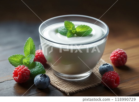 natural organic yogurt in a glass jar with berries, organic natural product 118990729