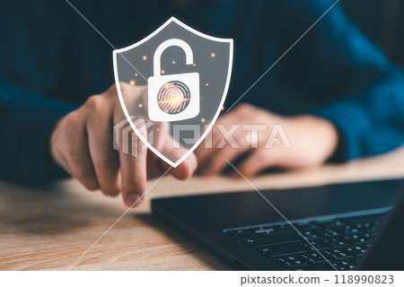 Fingerprint scan and shield icon, Man's finger scanning on virtual screen to log in to computer laptop, Security access with biometrics identification. Cyber security, data protection for business. 118990823