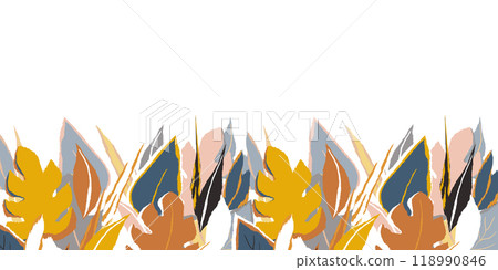 Floral frame with colorful exotic branches on white background. Ornate border with tropic leaves. Vector stock illustration for wallpaper, posters, card. Doodle style. Copy space 118990846