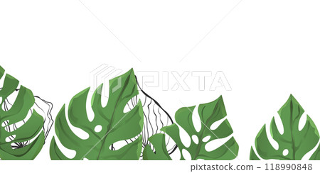 Floral frame with colorful exotic branches on white background. Ornate border with tropic leaves. Vector stock illustration for wallpaper, posters, card. Doodle style. Copy space 118990848