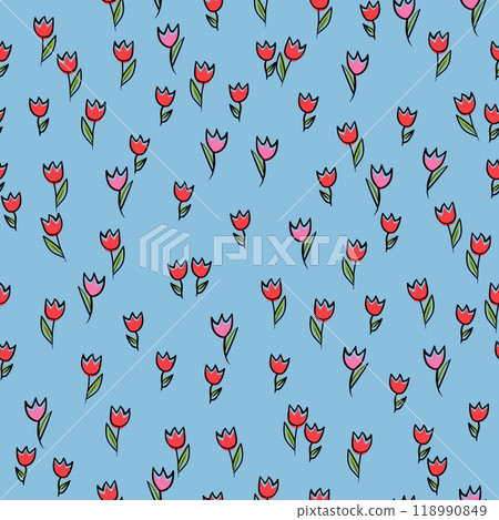 Spring colorful vector illustration with tulips. Cartoon style. Simple minimalistic pattern with nature elements. Vector illustration for fabric, textile, poster, invitation 118990849