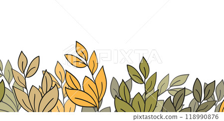 Floral frame with colorful exotic branches on white background. Ornate border with tropic leaves. Vector stock illustration for wallpaper, posters, card. Doodle style. Copy space 118990876
