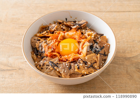 pork bulgogi rice bowl with kimchi and Korean pickled egg 118990890