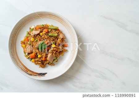 pork fried rice on white plate pork fried rice on white plate 118990891