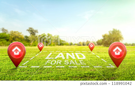 Land plot management - real estate concept with a vacant land on a green field available for building construction and housing subdivision in a residential area for sale, rent, buy or investment. 118991042