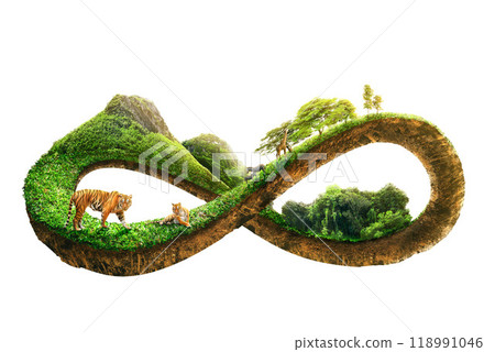 3d illustration of infinity environment concept. infinite earth land with green grass isolated on white background. Eco and circular economy concept. wildlife protection, Wildlife Conservation Day. 118991046